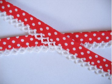 Biaisband Rood met witte stip en ruche. Dubbel 15 mm. br. 
