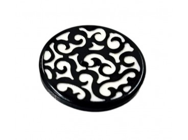 Kunststof knoop  Zwarte krinkels, zwarte rand en witte achtergrond  Zwarte achterkant  2-gaats  30 mm doorsnee