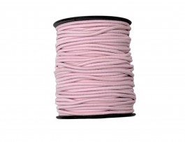 Zacht roze koord elastiek van ca 3 mm. doorsnee.  Een rol van 50 meter en de prijs is per rol.