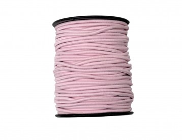 Zacht roze koord elastiek van ca 3 mm. doorsnee.  Een rol van 50 meter en de prijs is per rol.