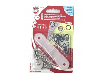 Babydrukkers. Zwarte inslag baby drukknopen met werktuig. Een open rondje. Doorsnee 10 mm.  Worden vaak gebruikt voor rompertjes