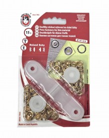 Babydrukkers. Goudkleurige inslag drukknoop met werktuig. Een open rondje. Doorsnee 9.7 mm. 15 stuks per pakje