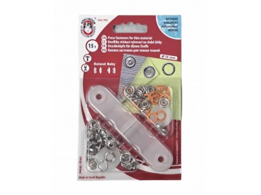 Babydrukkers. Oranje inslag drukknoop met werktuig. Een open rondje. Doorsnee 9.7 mm. 15 stuks per pakje 