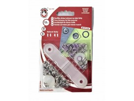 Babydrukkers. Lila inslag drukknoop met werktuig. Een open rondje. Doorsnee 9.7 mm. 15 stuks per pakje 