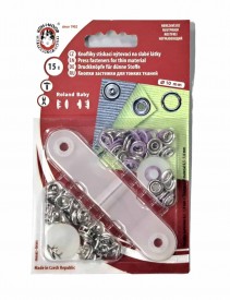 Babydrukkers. Lila inslag drukknoop met werktuig. Een open rondje. Doorsnee 9.7 mm. 15 stuks per pakje 