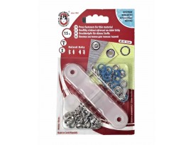 Babydrukkers. Blauwe inslag drukknoop met werktuig. Een open rondje. Doorsnee 9.7 mm. 15 stuks per pakje