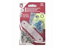 Babydrukkers. Aqua kleurige inslag drukknoop met werktuig. Een open rondje. Doorsnee 9.7 mm. 15 stuks per pakje