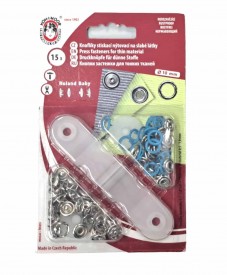 Babydrukkers. Aqua kleurige inslag drukknoop met werktuig. Een open rondje. Doorsnee 9.7 mm. 15 stuks per pakje