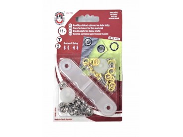 Babydrukkers. Gele inslag drukknoop met werktuig. Een open rondje. Doorsnee 9.7 mm. 15 stuks per pakje 