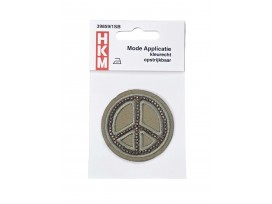 Applicatie opstrijkbaar  Vredesteken legergroen afgezet met kraaltjes  Doorsnee: 5,5 cm