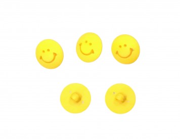 Smiley kunststof knoop geel  13 mm doorsnee.  Op een steeltje