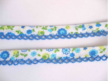 Biaisband met kobalt ruche Wit met kobalt/aqua bloem 40