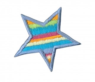 Regenboog applicatie Ster  Een opstrijkbare applicatie met een doorsnee van 5 cm.