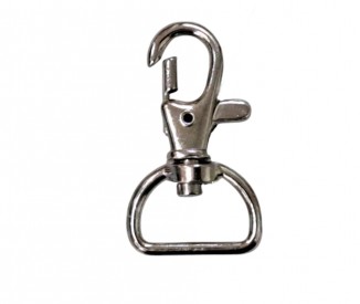 Musketonhaak met rechte bovenzijde. Zilverkleurige draaibare haak. De binnenkant is 2 cm breed. Totale grootte is 24 x 43 mm.