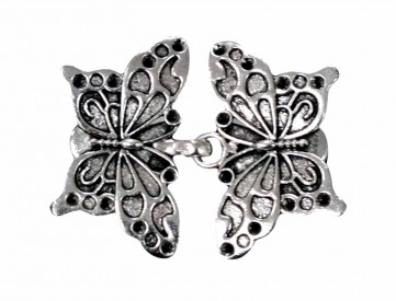 Vestsluiting oudzilver met stevige knijpers  Vlinder met grote stippen  Metaal  Afmetingen:  ongeveer 72 x 17 mm