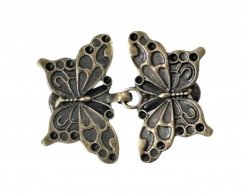 Vestsluiting oudbrons met stevige knijpers  Vlinder met grote stippen  Metaal  Afmetingen:  ongeveer 72 x 17 mm