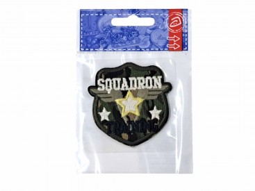 Legerapplicatie schild met tekst en ster  Legergroen met goud/witte ster en 2 witte sterren  Squadron training  Ongeveer 6x6cm