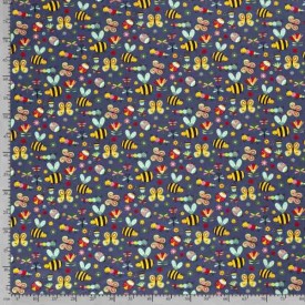 Dapper katoen Garden Party  Donkerblauw met insekten