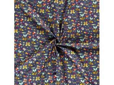 Dapper katoen Garden Party  Donkerblauw met insekten