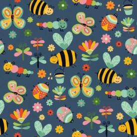 Dapper katoen Garden Party  Donkerblauw met insekten