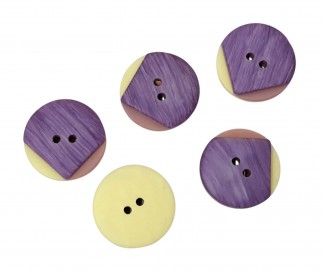 Een paars/roze/gele kunststof knoop  Doorsnee ongeveer 20 mm.  Met 2 gaten