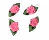 Opnaaibare bloemapplicatie  Pink roosje met groen bladvormig strikje  Ongeveer 30x15 mm.  Worden per stuk verkocht