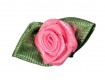 Opnaaibare bloemapplicatie  Pink roosje met groen bladvormig strikje  Ongeveer 30x15 mm.  Worden per stuk verkocht