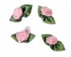 Opnaaibare bloemapplicatie  Roze roosje met groen bladvormig strikje  Ongeveer 30x15 mm.  Worden per stuk verkocht