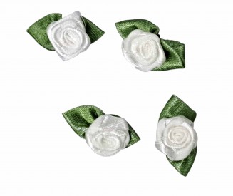 Opnaaibare bloemapplicatie  Wit roosje met groen bladvormig strikje  Ongeveer 30x15 mm.  Worden per stuk verkocht