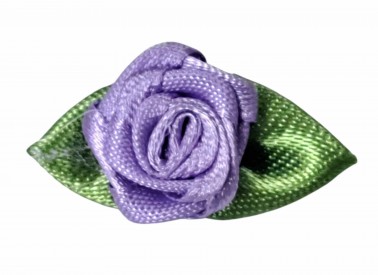 Opnaaibare bloemapplicatie  Paars roosje met groen bladvormig strikje  Ongeveer 30x15 mm.  Worden per stuk verkocht