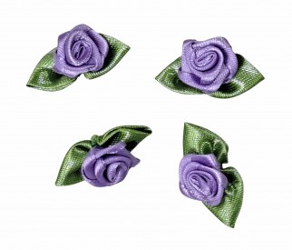 Opnaaibare bloemapplicatie  Paars roosje met groen bladvormig strikje  Ongeveer 30x15 mm.  Worden per stuk verkocht