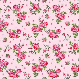 Een oudroze poplin/katoen met rood/roze roosjes. 100% Katoen 1.45 mtr. br. 110 gram p/m2