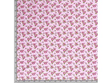 Een oudroze poplin/katoen met rood/roze roosjes. 100% Katoen 1.45 mtr. br. 110 gram p/m2