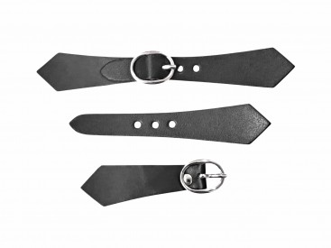 Kunstleren riempje met punt.  Met zilverkleurige gesp.  Glad donkerbruin.  14x2 cm