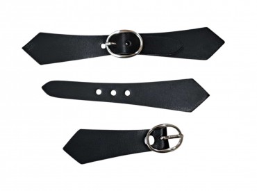 Kunstleren riempje met punt.  Met zilverkleurige gesp.  Glad zwart  14x2 cm