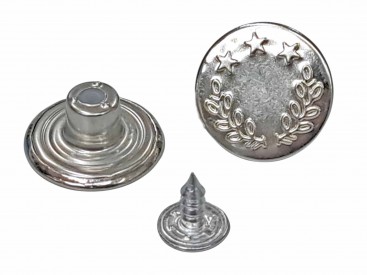 Jeans inslagknoop met 3 sterren en takjes.  Helder zilverkleur.   Doorsnee 17 mm  Metaal, (ook de achterkant).