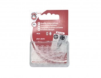 Een kleine plastic drukknoop met een doorsnee van 7 mm.  24 stuks op een kaartje