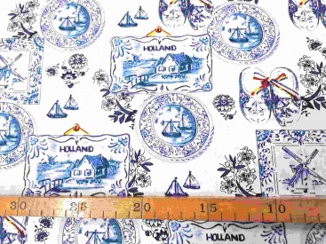 Delfts blauwe stof met Hollandse motieven