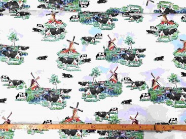 Delfts blauwe stof, met koeien en molens.  100% katoen  1.40 mtr breed  123 gram/m2