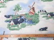 Delfts blauwe stof, met koeien en molens.  100% katoen  1.50 mtr.br.  123 gr/m²