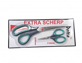 Extra scherpe stofschaar met softgrip zwart/groen  Met klein schaartje. 110 mm  Roestvrij staal.  210 mm lang