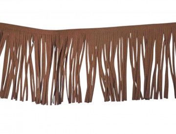Franjes van suedine.  Bruin, eeen beetje kastanjebruin.  Ongeveer 12 cm lang.  Leuk om jassen, tassen, laarzen te verfraaien.