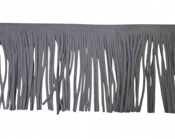 Franjes van suedine.  Grijs.   Ongeveer 12 cm lang.  Leuk om jassen, tassen, laarzen en nog veel meer te verfraaien.