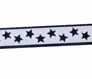 Sierband met blauwe sterretjes en blauwe randen op een witte achtergrond.  Breed:  12 mm