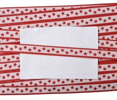Sierband met rode sterretjes en rode randen op een witte achtergrond.  Breed:  12 mm