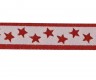 Sierband met rode sterretjes en rode randen op een witte achtergrond.  Breed:  12 mm