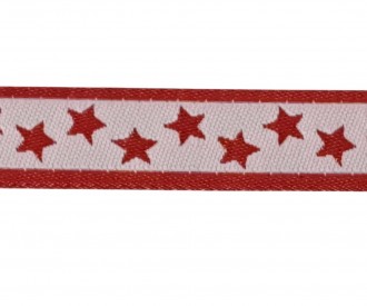 Sierband met rode sterretjes en rode randen op een witte achtergrond.  Breed:  12 mm