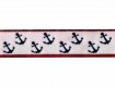 Sierband met rode rand en blauwe ankers op witte achtergrond  Breed:  12 mm