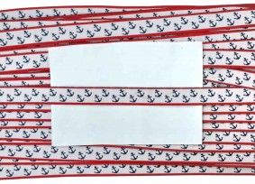 Sierband met rode rand en blauwe ankers op witte achtergrond  Breed:  12 mm