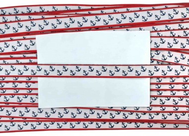 Sierband met rode rand en blauwe ankers op witte achtergrond  Breed:  12 mm